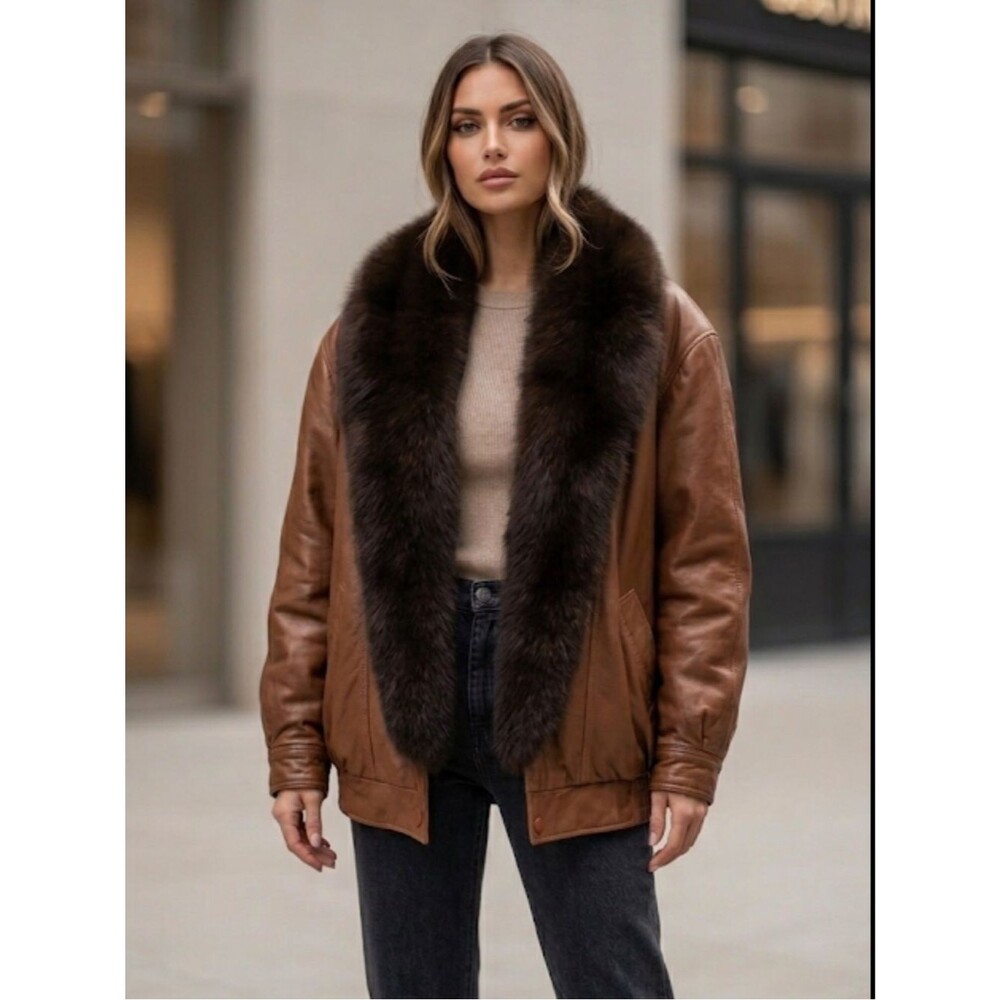 Fox Fur Brown Leather Bomber Jacket Coat Vintage Luxury Chocolate Cognac Large